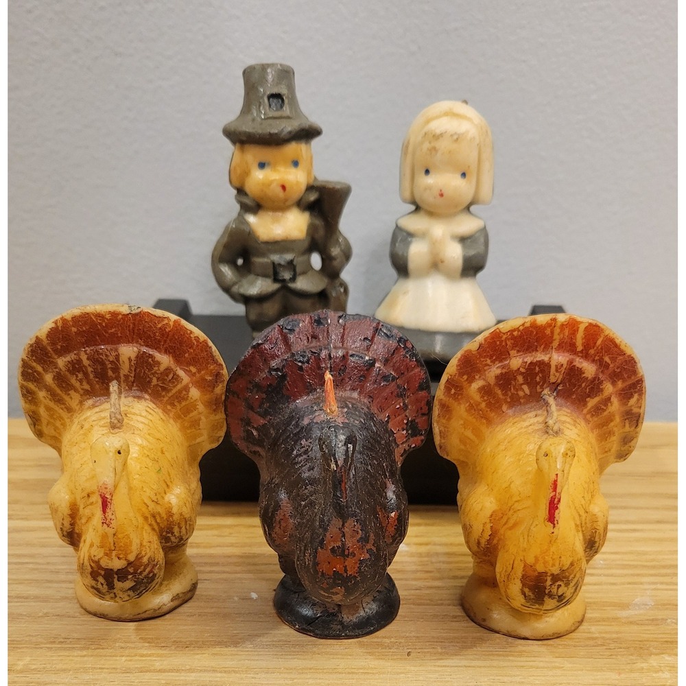 Vintage Gurley Thanksgiving Candle Lot 5 Pilgrims & 3 Labeled Turkeys 1950s